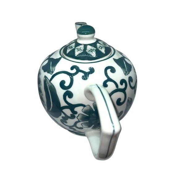 Vintage Porcelain Teapot With Floral Green & White Pattern Elegant Curved Handle - Picture 9 of 13